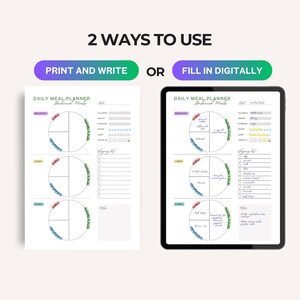 Pu&ograve; includere: Un planner di pasti giornaliero stampabile e digitale con un design colorato. Il planner presenta un cerchio diviso in quattro sezioni per colazione, pranzo, cena e spuntini. Include anche una sezione per tenere traccia delle calorie, del peso, dell'esercizio fisico, dell'assunzione di acqua e del sonno. C'&egrave; una lista della spesa e una sezione note.