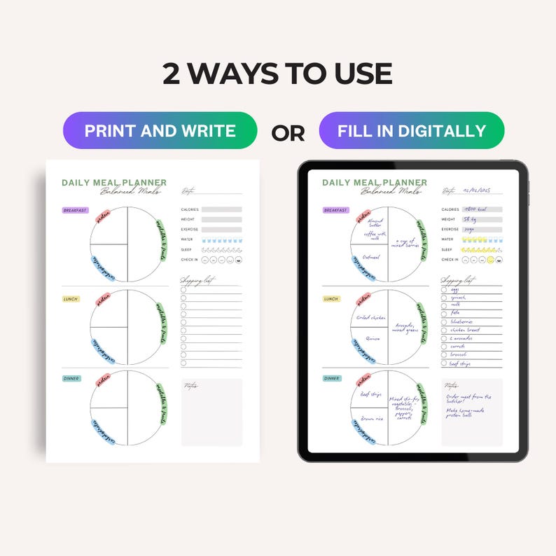 Pu&ograve; includere: Un planner di pasti giornaliero stampabile e digitale con un design colorato. Il planner presenta un cerchio diviso in quattro sezioni per colazione, pranzo, cena e spuntini. Include anche una sezione per tenere traccia delle calorie, del peso, dell'esercizio fisico, dell'assunzione di acqua e del sonno. C'&egrave; una lista della spesa e una sezione note.