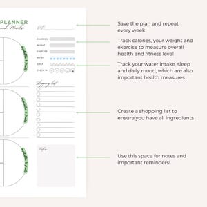 Pu&ograve; includere: Una pagina di pianificatore stampabile con un piano pasto settimanale, una lista della spesa e una sezione note. La pagina &egrave; divisa in tre sezioni, ciascuna con un cerchio per tenere traccia dell'assunzione di cibo. La pagina include testo che dice "Salva il piano e ripeti ogni settimana", "Tieni traccia delle calorie, del tuo peso e dell'esercizio fisico per misurare la tua salute e il tuo livello di forma fisica generali", "Tieni traccia del tuo apporto di acqua, del sonno e dell'umore quotidiano, che sono anche misure di salute importanti", "Crea una lista della spesa per assicurarti di avere tutti gli ingredienti", e "Usa questo spazio per appunti e promemoria importanti!"