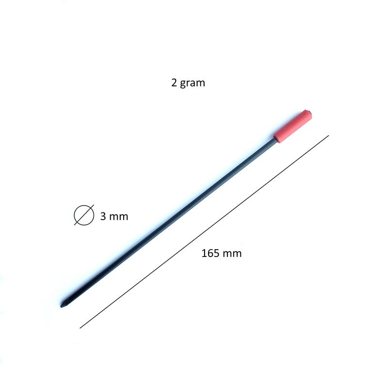 May include: A thin, straight black rod with a small red cylindrical cap at one end. The rod has a diameter of 3 mm, a length of 165 mm, and a weight of 2 gram, as indicated by the text and lines visible in the image.
