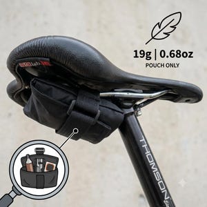 以下が含まれることがあります： 黒いレザーサドルの下に固定された黒い自転車用サドルバッグ。ストラップ留め具付き。テキストにはポーチ単体で19gと記載。インセット画像には、CO2カートリッジ、ツール、パッチが入った内部の様子が描かれています。