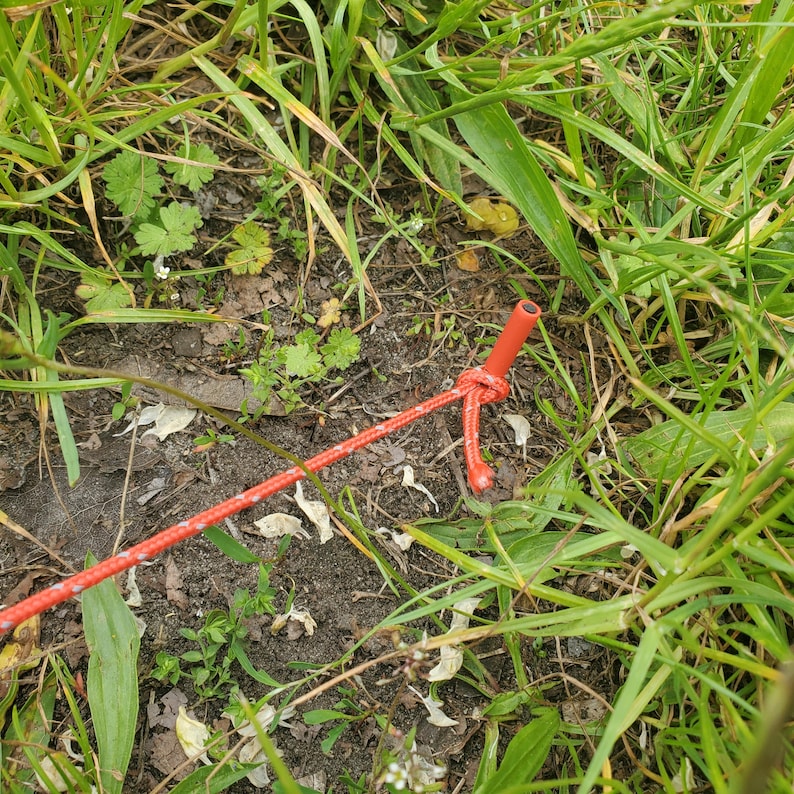 May include: A bright orange tent stake with a reflective cord attached. The stake is cylindrical with a flat top and a small hole near the head, through which the orange and white speckled rope is looped and knotted to create a secure tension point.