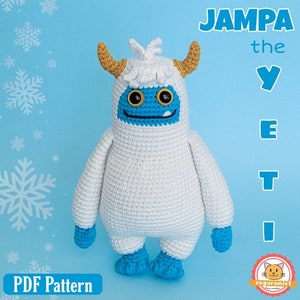 May include: Crochet pattern for a white yeti amigurumi toy named "Jampa the Yeti". The pattern includes instructions for crocheting the toy and features a blue face with a toothy grin.