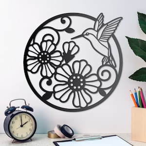 Hummingbird & Flowers Metal Wall Art, Hummingbird Garden Décor, Seasonal Outdoor Decor, Seasonal Porch Patio Décor, Floral Metal Sign