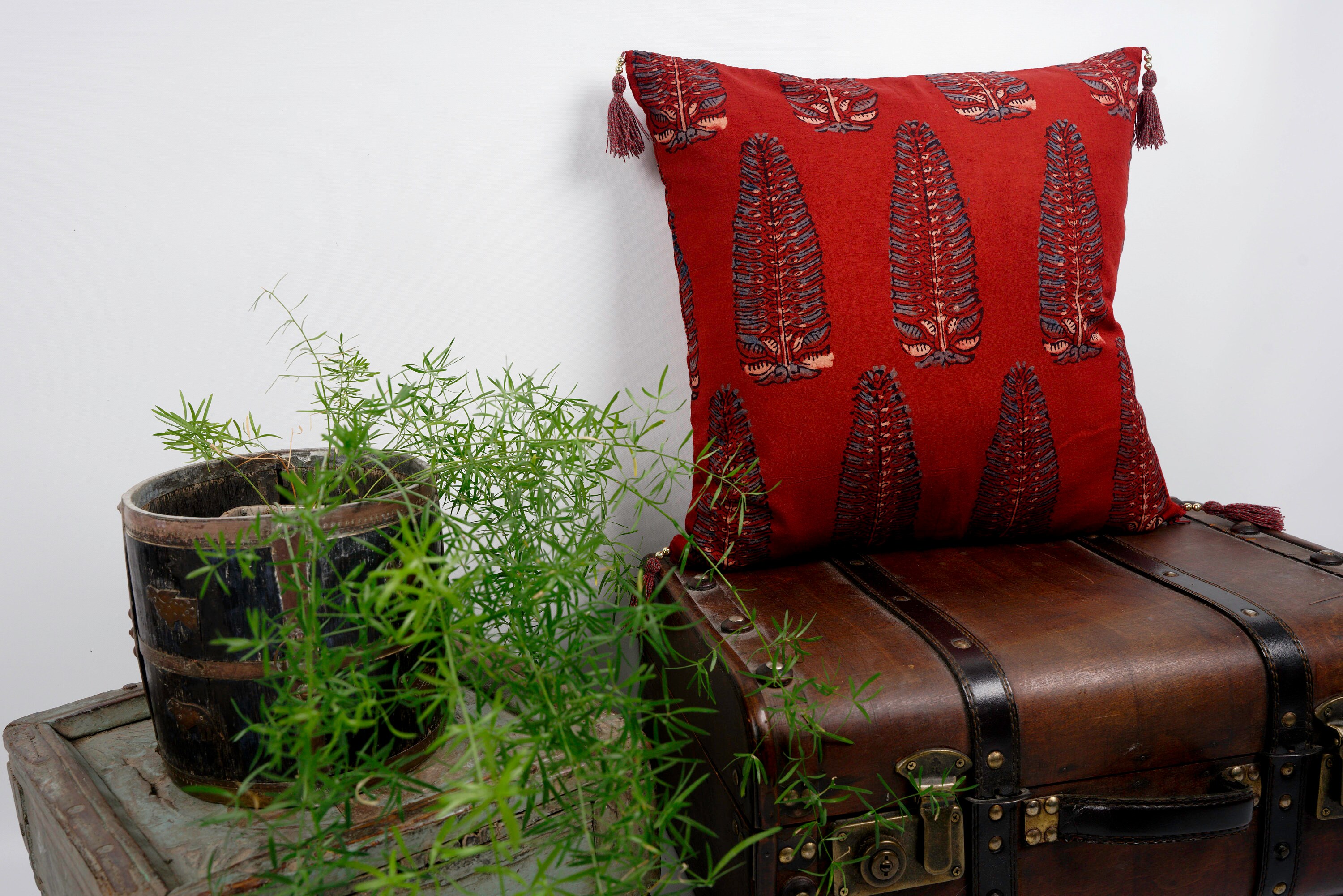 Coussin Rouge Carmin Block Print Leaf