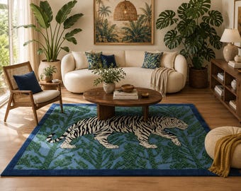 Hand tufted Wool Tiger Rug, Blue Green Jungle Animal Print Carpet, Wildlife Statement Decor