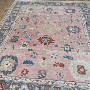 Hand Knotted Pink Grey Oushak Rugs Contemporary Modern Area Rugs,  Turkish Rug With Ivory Accent: Evergreen Wool Rug,4x6,5x8,6x9,8x10,9x12