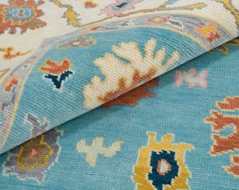 Hand Knotted Wool Oushak Rug: Beige, Blue, Ivory Turkish Rug