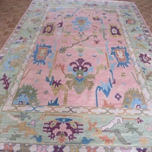 Hand Knotted Pink Blue Oushak Rugs Contemporary Modern Area Rugs,  Turkish Rug With Ivory Accent: Evergreen Wool Rug,4x6,5x8,6x9,8x10,9x12