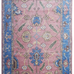 Hand-Knotted Wool Oushak Rug: Pink & Blue Turkish Area Rug