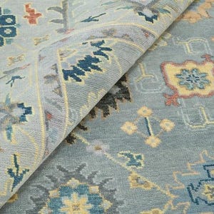 Blue Grey Oushak Rug – Hand-Knotted Turkish Wool Carpet with Ivory, Pink and Teal Accents – Oriental Area Rug for Living Room