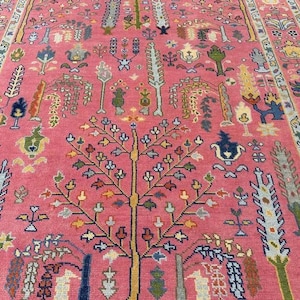 Hand Knotted Bright Pink Oushak Rugs Contemporary Modern Area Rugs,  Turkish Rug With Ivory Accent: Evergreen Wool Rug,4x6,5x8,6x9,8x10,