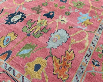 Hand-Knotted Pink Multicolor Oushak Wool Rug – Indian Area Rug for Living Room
