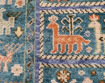 Hand Knotted Wool Oushak Rug: Blue Turkish Evergreen Area Rug