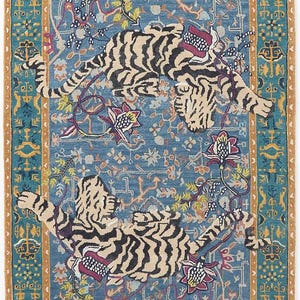 Handgjord ullmatta med tigermotiv | Orientaliskt inspirerad matta med djurmotiv | Blå och blågrön hantverksmatta bild 1