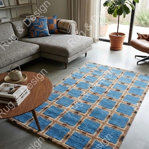 Hand-Tufted Wool Rug, Blue Checkered Geometric Carpet, Plush Custom Size Home Decor