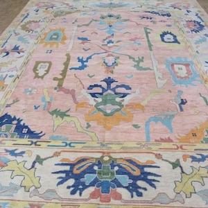 Hand Knotted Vintage Pink Oushak Rugs | Modern Area Rugs,  Turkish Rug With Ivory Accent: Evergreen Wool Rug,4x6,5x8,6x9,8x10,9x12