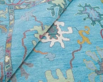 Hand Knotted Wool Oushak Rug: Blue Turkish Area Rug