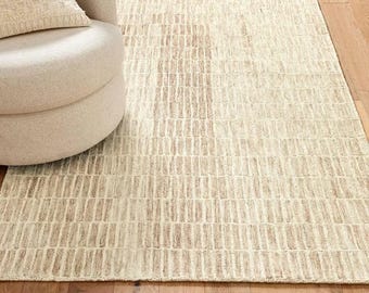 Neutral Beige Handwoven Wool Rug, Modern Scandinavian Carpet, Textured Living Room Decor