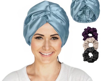 Luxurious Blue Silk Reversible Hair Bonnet - 1920s Turban Style Bonnets - Perfect Satin Night Cap - Elegant Gift For Mother's Day