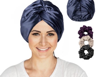 Blue Silk Reversible Hair Bonnet - 1920s Turban Style Cap - Perfect Fit Nightcap for Sister and Mother