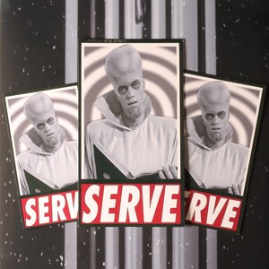 May include: Three black and white images of a person with a large head and a book in their hands. The text "SERVE" is printed in red on the bottom of each image.