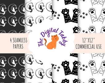 Cat Digital Paper Seamless Pattern Cat Paws Kitty Cats Black White ...