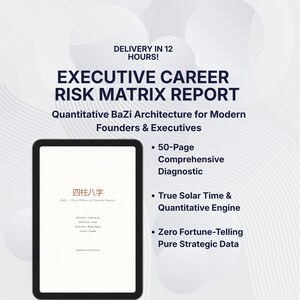 May include: A digital tablet displaying an Executive Career Risk Matrix Report with the text Quantitative BaZi Architecture for Modern Founders & Executives, 50-Page Comprehensive Diagnostic, True Solar Time & Quantitative Engine, and Zero Fortune-Telling.