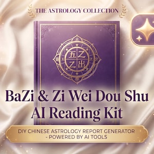 May include: A purple book titled BaZi & Zi Wei Dou Shu AI Reading Kit with a gold celestial emblem, an armillary sphere, an amethyst cluster, a laptop, and a stack of digital document icons labeled Step-by-Step Instructions, Master Workbook Template, and Complete Reference Dictionary.