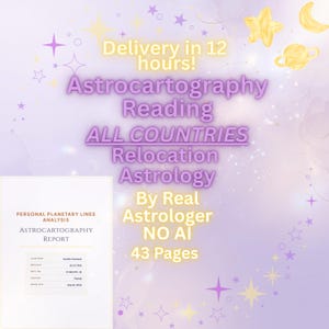 May include: A digital document titled Personal Planetary Lines Analysis Astrocartography Report with 43 pages. The background features purple and yellow celestial graphics including stars, moons, and planets with text about astrology services.