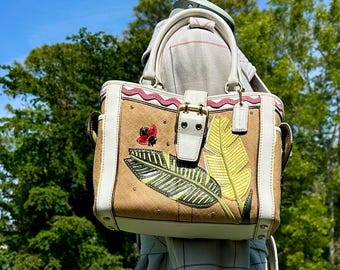 バッグ COACH Boxy Turnlock Leaf Hand Bag Rare Vintage Rare Coach Straw Ladybug Leaf Tote Bag Purse Rhinestone
