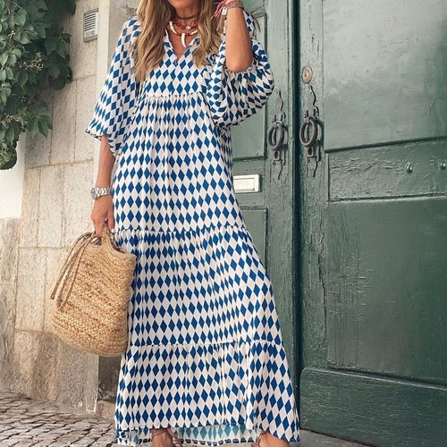 Bohemian Cottage Floral Print Dress, Lantern Sleeve Summer Floral Dress, Women Casual Long Dress, Boho Beach Dresses