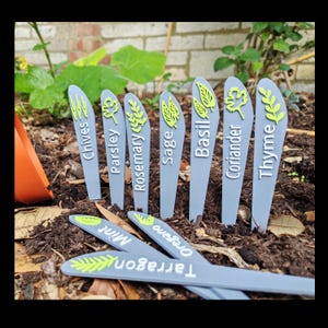 May include: A set of grey plant markers with white text and green herb illustrations. The labels include Chives, Parsley, Rosemary, Sage, Basil, Coriander, Thyme, Mint, Oregano, and Tarragon. These markers are designed to be inserted into soil.