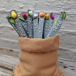 May include: A set of grey garden plant markers with white text and miniature vegetable toppers including butternut, tomato, cauliflower, garlic, pumpkin, pepper, aubergine, and peas, all held within a tan, textured, sack-shaped container.