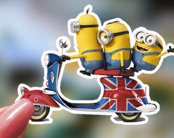 Minions British scooter  Despicable Me Sticker, Minion Sticker, Laptop Sticker, Water Bottle Sticker, Free Shipping, iPad Sticker, Binder