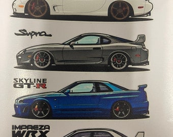 May include: Four different car stickers featuring popular Japanese sports cars. The stickers are white, gray, blue, and white with black accents. The cars are labeled "RX-7", "Supra", "Skyline GT-R", and "Impreza WRX".
