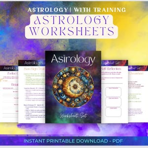 May include: A set of printable astrology worksheets with a colourful background. The worksheets include a zodiac chart, sun sign trail, self-reflection, and characteristics. The text on the cover reads "Astrology Worksheets".