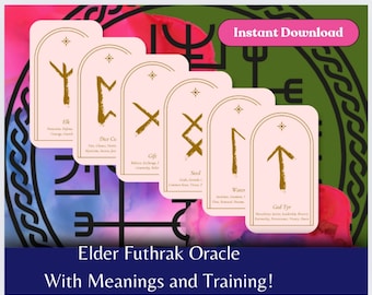 Peut inclure: Un jeu de six cartes d'oracle roses avec des runes dorées et du texte. Les cartes présentent les runes de l'Elder Futhrak, chacune avec un nom et une signification. Le texte sur les cartes comprend "Elk", "Dice Cu", "Gift", "Seed", "Water", et "God Tyr". Les cartes sont disposées sur un fond coloré avec un motif de nœud celtique.