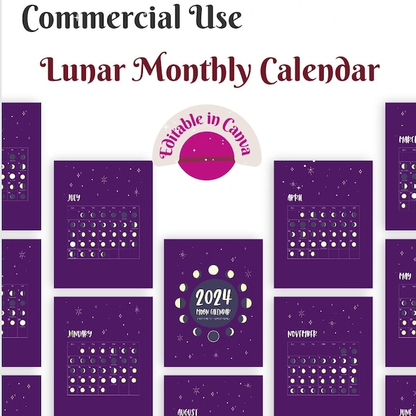 2024 Moon/Lunar Calendar with moon phases commercial use Canva