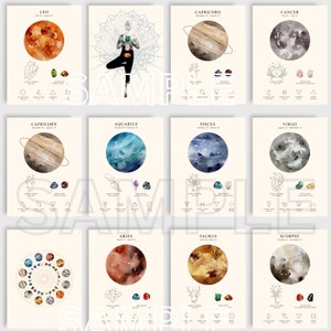 May include: A set of 12 watercolour illustrations of zodiac signs with corresponding crystals. Each sign is depicted with its constellation, a symbol, and a crystal. The signs are Leo, Capricorn, Cancer, Aquarius, Pisces, Virgo, Aries, Taurus, and Scorpio.