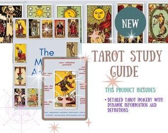 May include: A tarot study guide with a colorful image of the Fool card from a tarot deck. The guide includes detailed tarot imagery with dynamic information and definitions. The text "NEW" is in a teal circle.