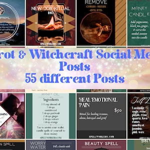 May include: A collage of images promoting tarot and witchcraft services. The images include a testimonial, a new job ritual, a money candle, a life blessing spell, an obsession spell, a worry water spell, a heal emotional pain ritual, a self-love jar, a beauty spell, and a sun water spell. The text on the images includes prices for the services, ingredients for the spells, and instructions for the rituals.