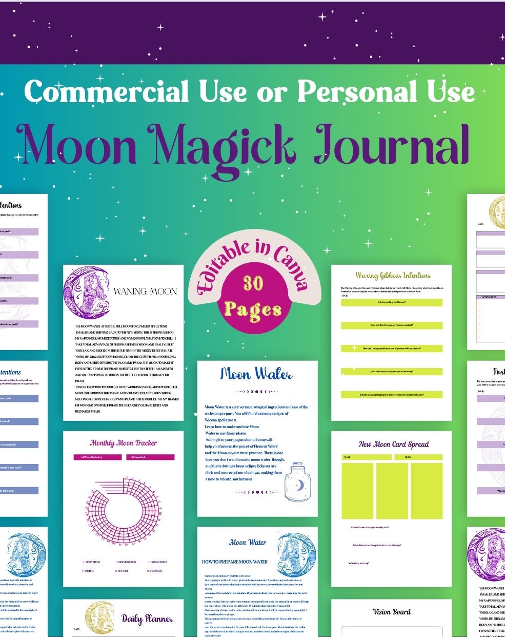 Moon Magick Pages Ritual Journal , Baby Witch Personal and Commercial Use editable in Canva