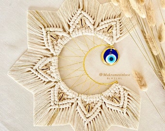 Macrame Moon Nazar Eye/Evil Eye Gold and Beige with Golden Shells Decoration/Gift Idea