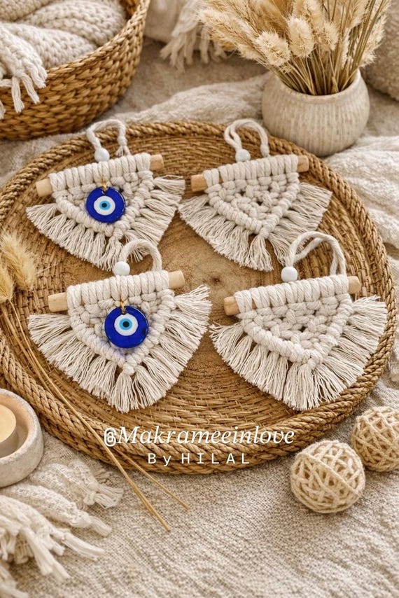 Makramee Nazar Wanddeko Set – Boho Evil Eye Anhänger – Handgemachte Türkische Deko – Bohemian Wall Hanging Geschenk