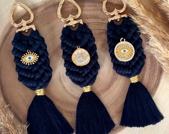 Macramé Nazar/Evileye Eye Gold Heart Porte-clés Idée cadeau en noir