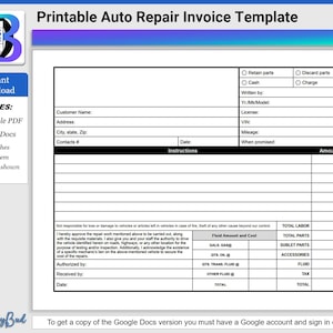 Druckbare Auto Reparatur Rechnungsvorlage, Auto Werkstatt Vorlage, herunterladbare GOOGLE DOCS oder PDF druckbare Auto Reparatur Schätzung für Fahrzeuge