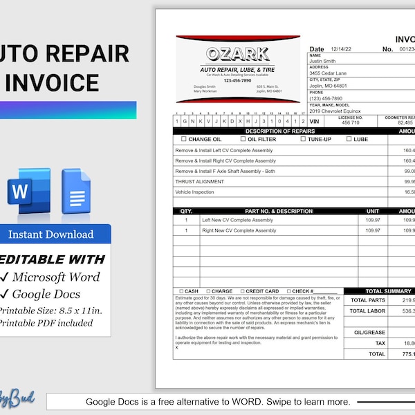 Auto Repair Invoice, Automotive Service Invoice Template, Auto Repair Printable PDF Oil Change Receipt, Service Shop, Word or Google Docs