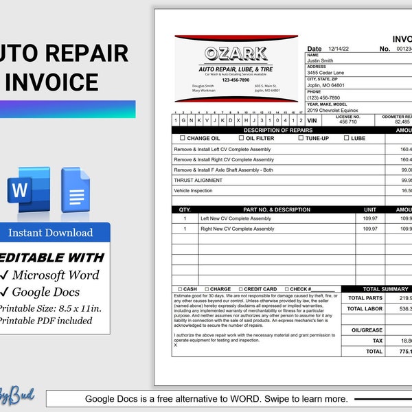 Fattura di riparazione auto, modello di fattura di servizio automobilistico, PDF stampabile di riparazione auto, ricevuta di cambio olio, negozio di assistenza, Word o Google Docs