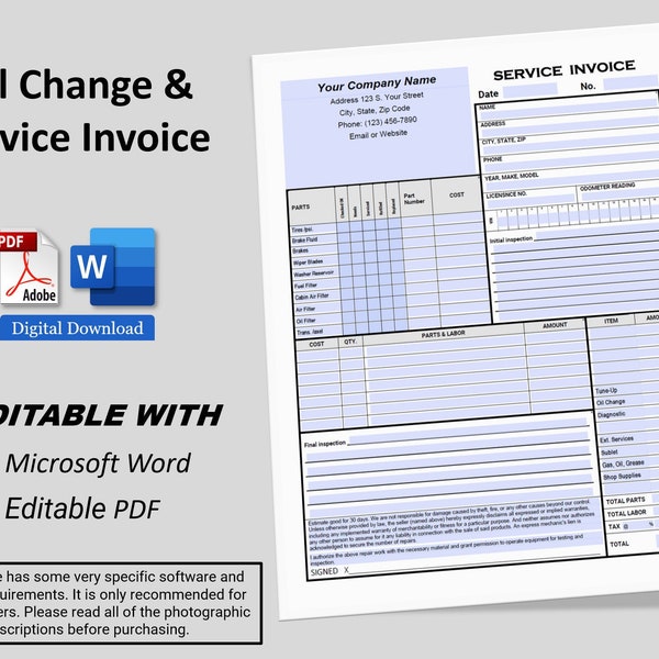 Oil Change Invoice, Automotive Service Invoice Template, Auto Repair Printable Fillable PDF Oil Change Receipt, Brakes Service Shop PDF&Word